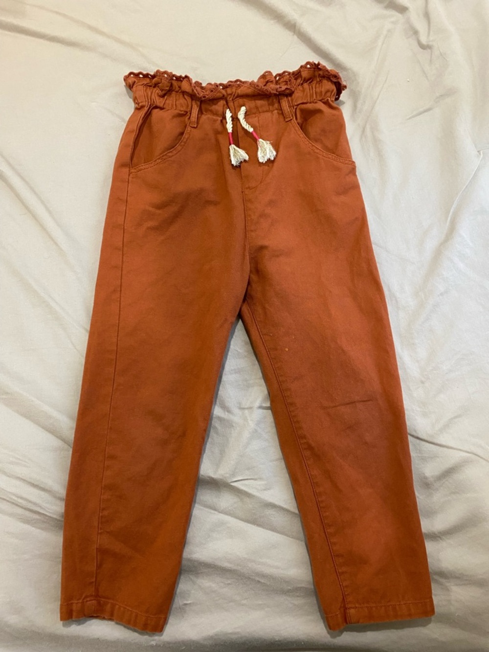 Girls Paperbag Waist Rust Pants with Tassel Drawstring